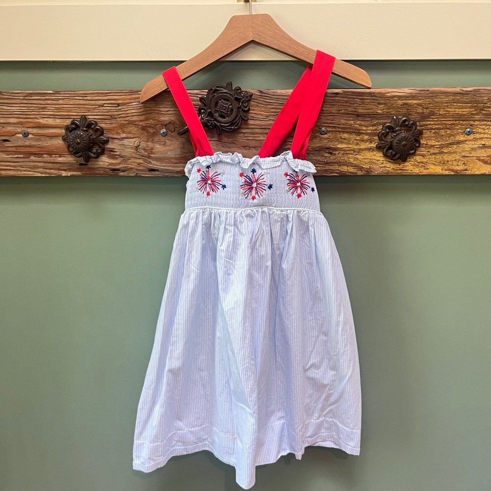 Cecil and Lou Girls 5 Seersucker Smocked Firework Patriotic Dress Blue Stripe